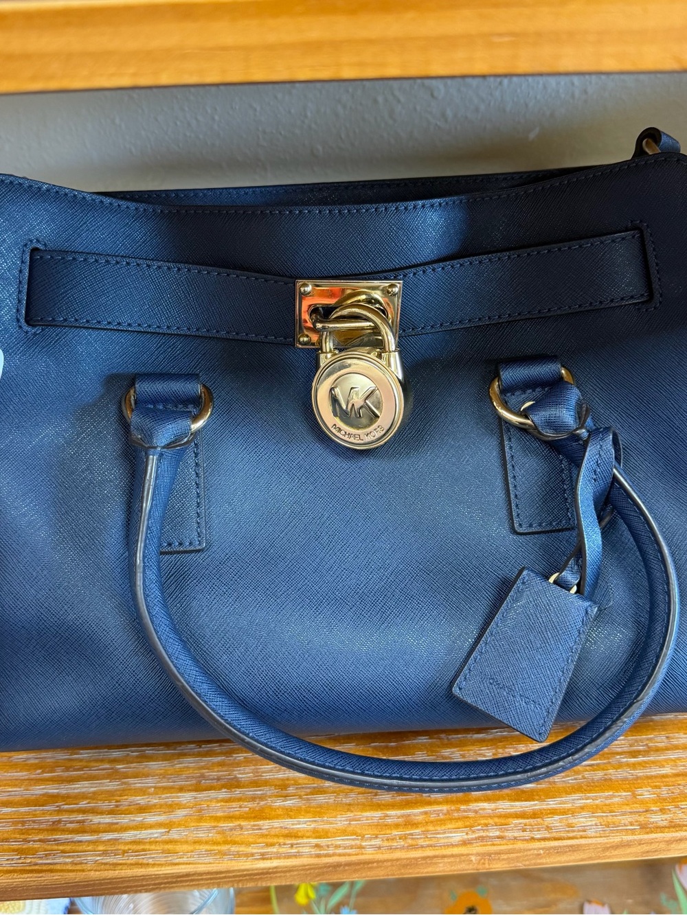 Michael Kors Navy Saffiano Leather Satchel with Gold Hardware